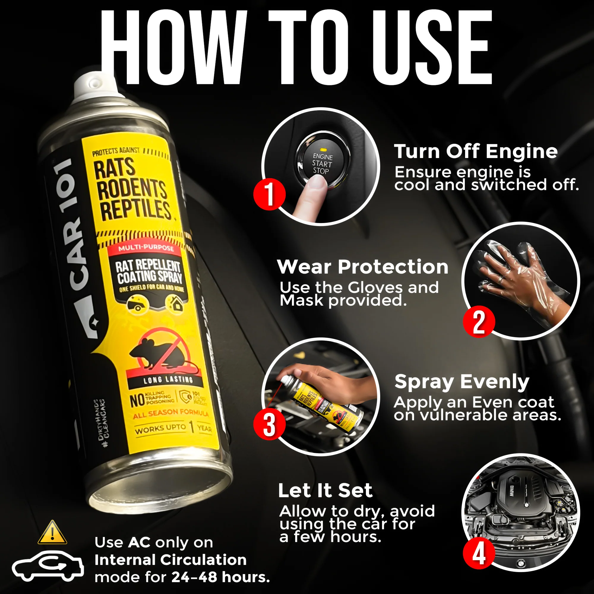 CAR101 Car Rat Repellent Spray | Anti Rat & Rodent Spray for Engine & Wiring Protection | Long Lasting Rat Protection for Cars & Bikes - Image 8